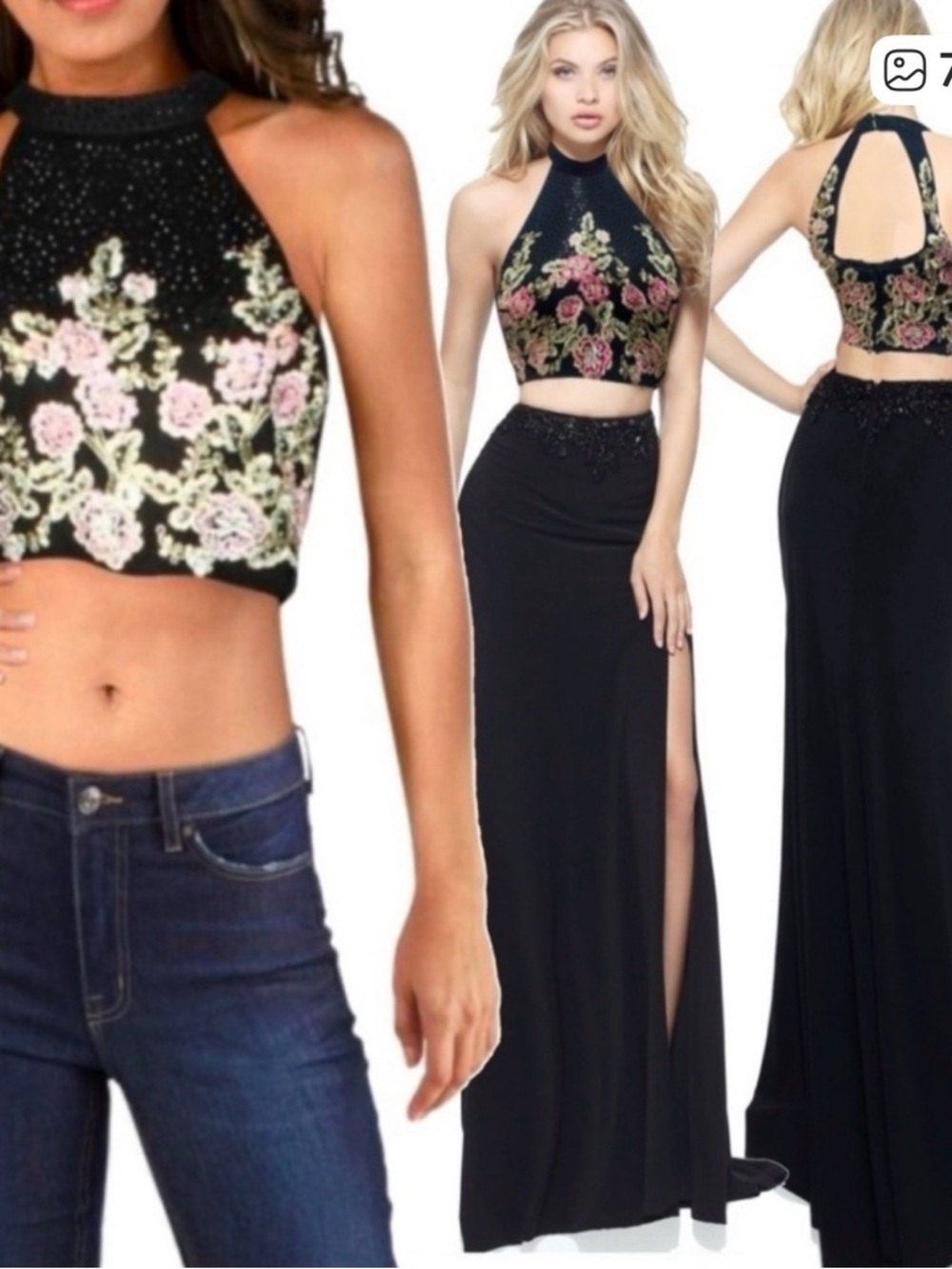 Jodi Kristopher Black Two-Piece Halter Dress with Pink & Green Floral Embroidery